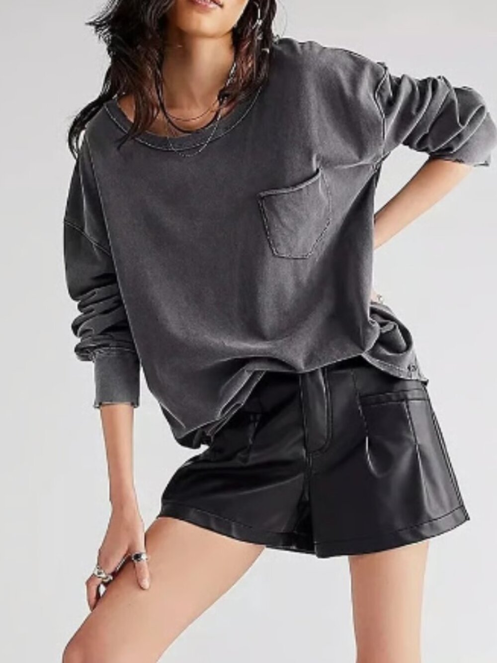 WE THE FREE PEOPLE FADE INTO YOU WASHED BLACK OVERSIZED POCKET TEE TOP NEW XL - Picture 3 of 8
